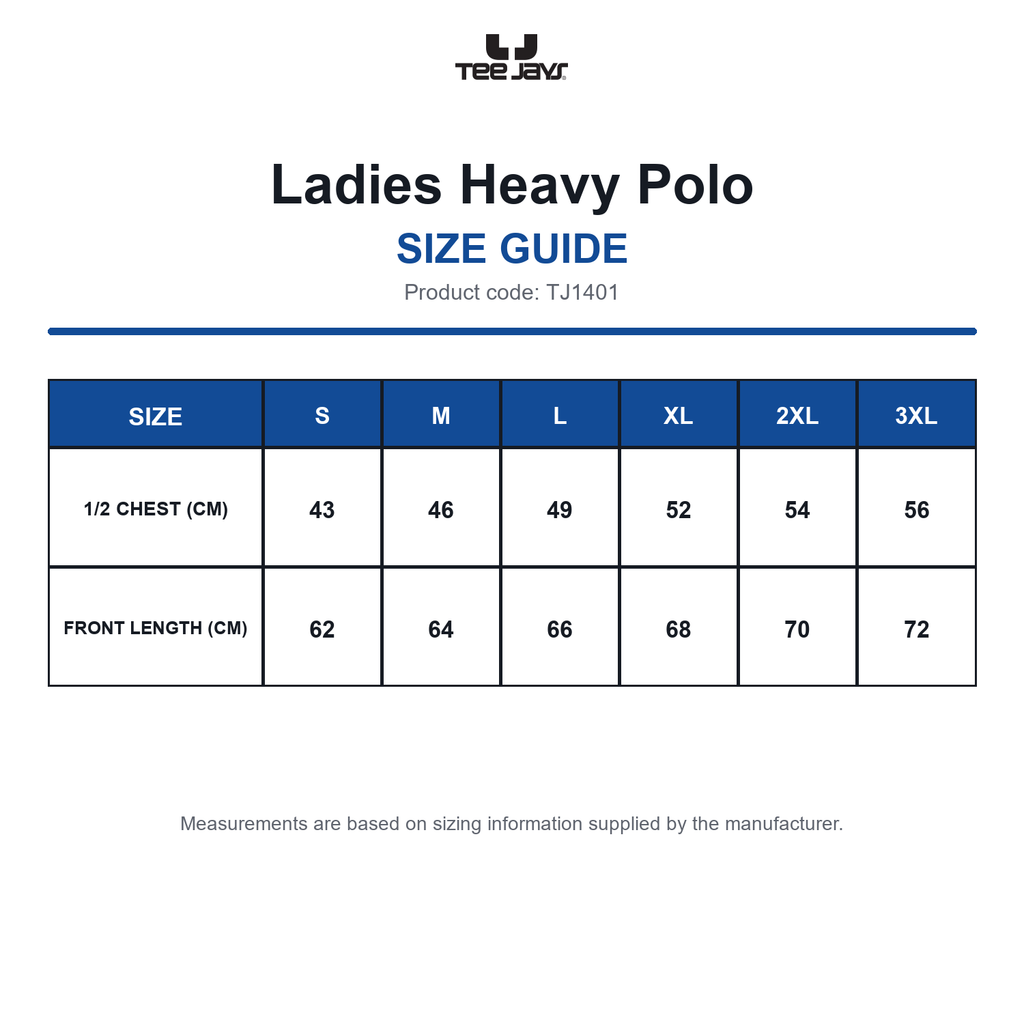 TJ1401 Tee Jays Ladies Heavy Polo size guide (TJ1401)
