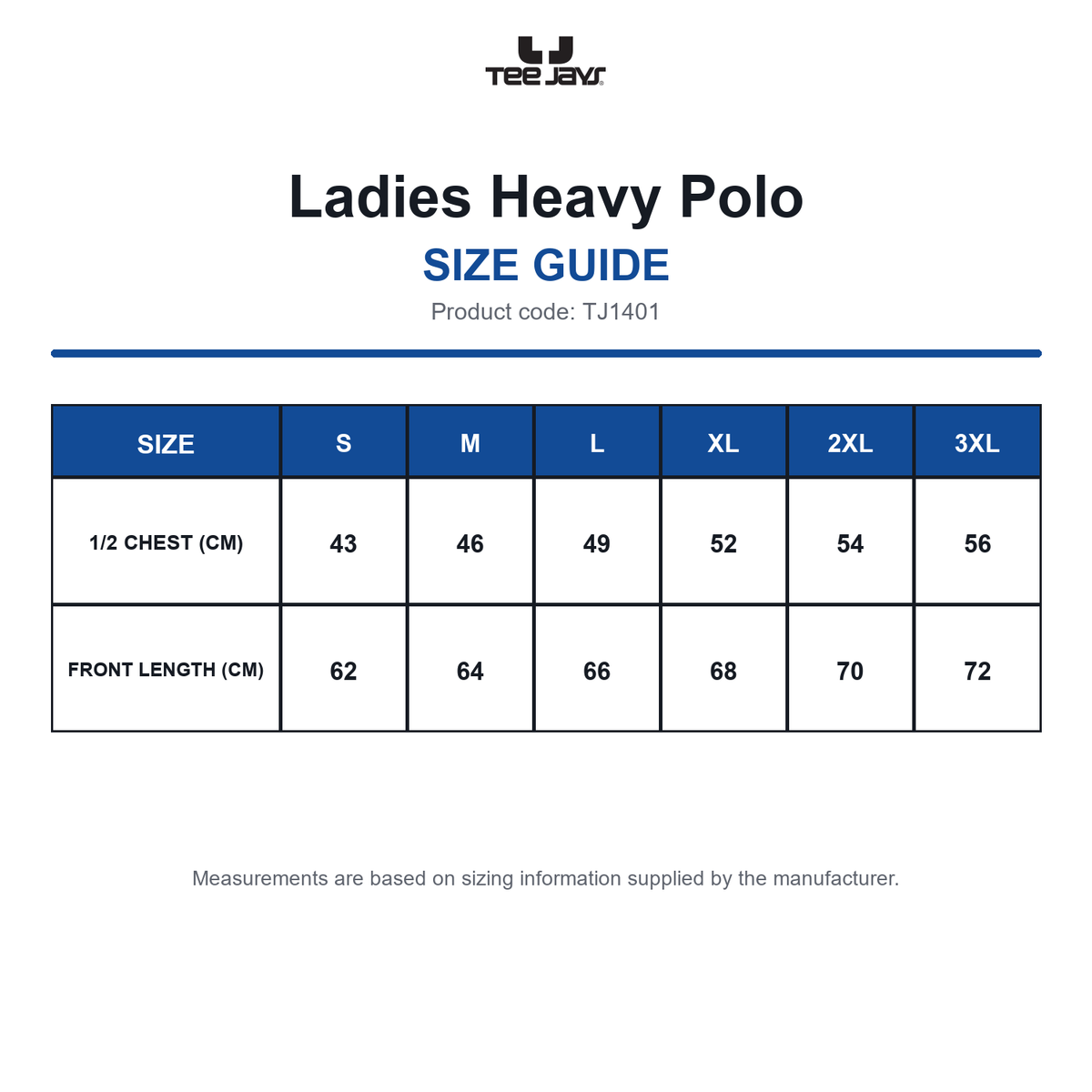 TJ1401 Tee Jays Ladies Heavy Polo size guide (TJ1401)