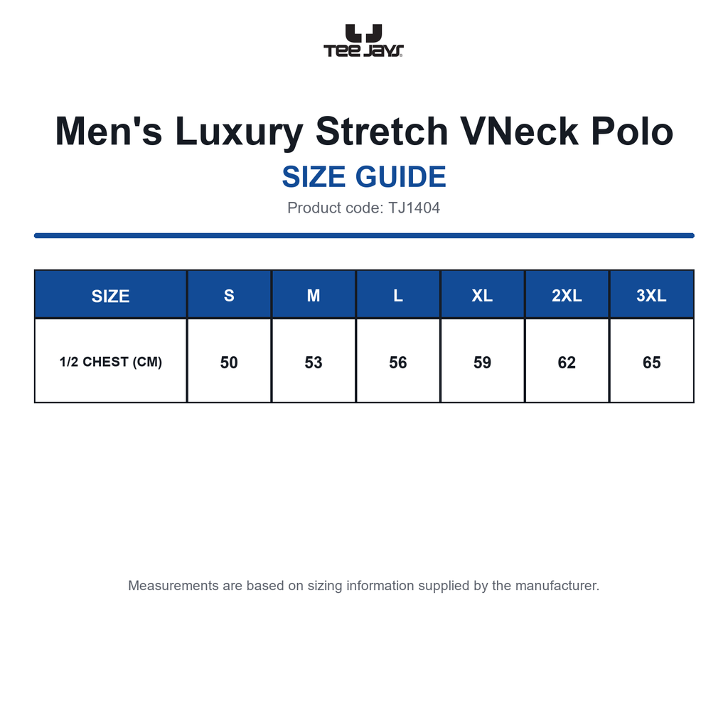 TJ1404 Tee Jays Men's Luxury Stretch VNeck Polo size guide (TJ1404)