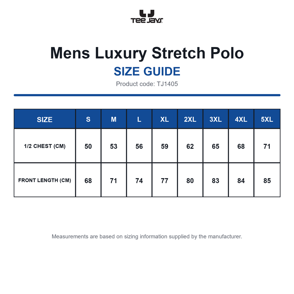 TJ1405 Tee Jays Mens Luxury Stretch Polo size guide (TJ1405)