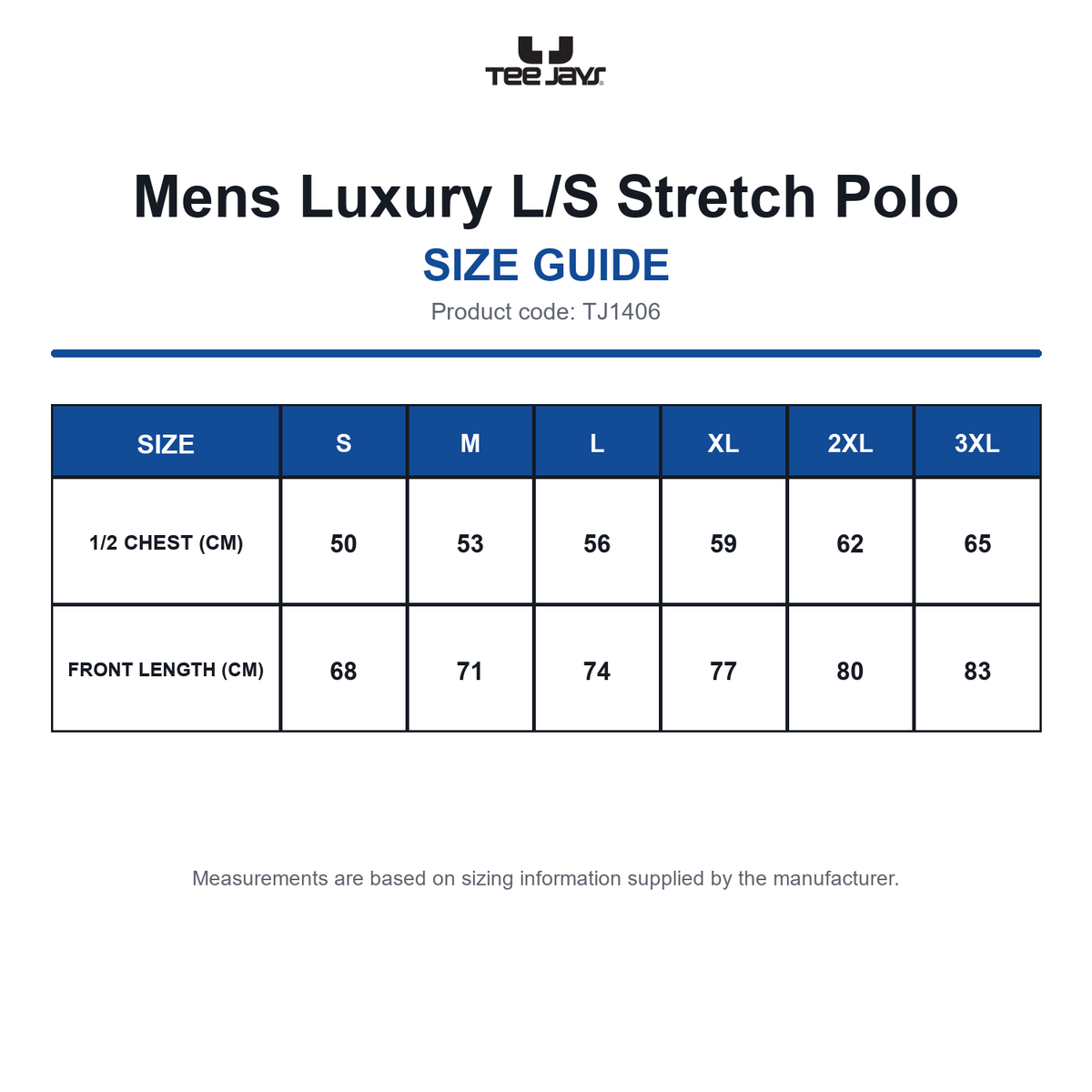TJ1406 Tee Jays Mens Luxury L/S Stretch Polo size guide (TJ1406)
