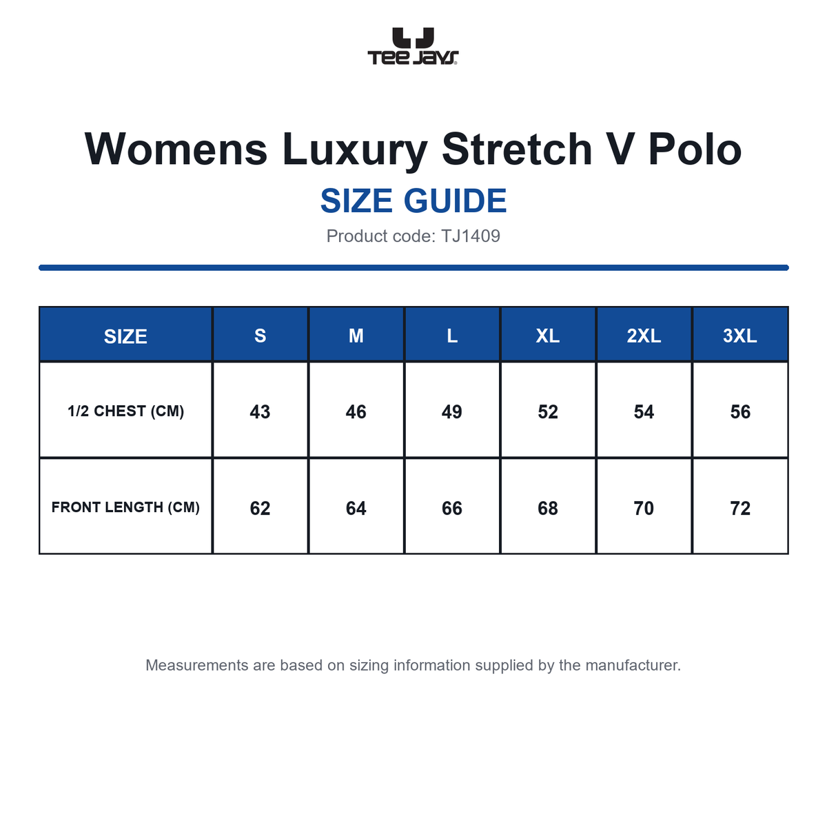 TJ1409 Tee Jays Womens Luxury Stretch V Polo size guide (TJ1409)