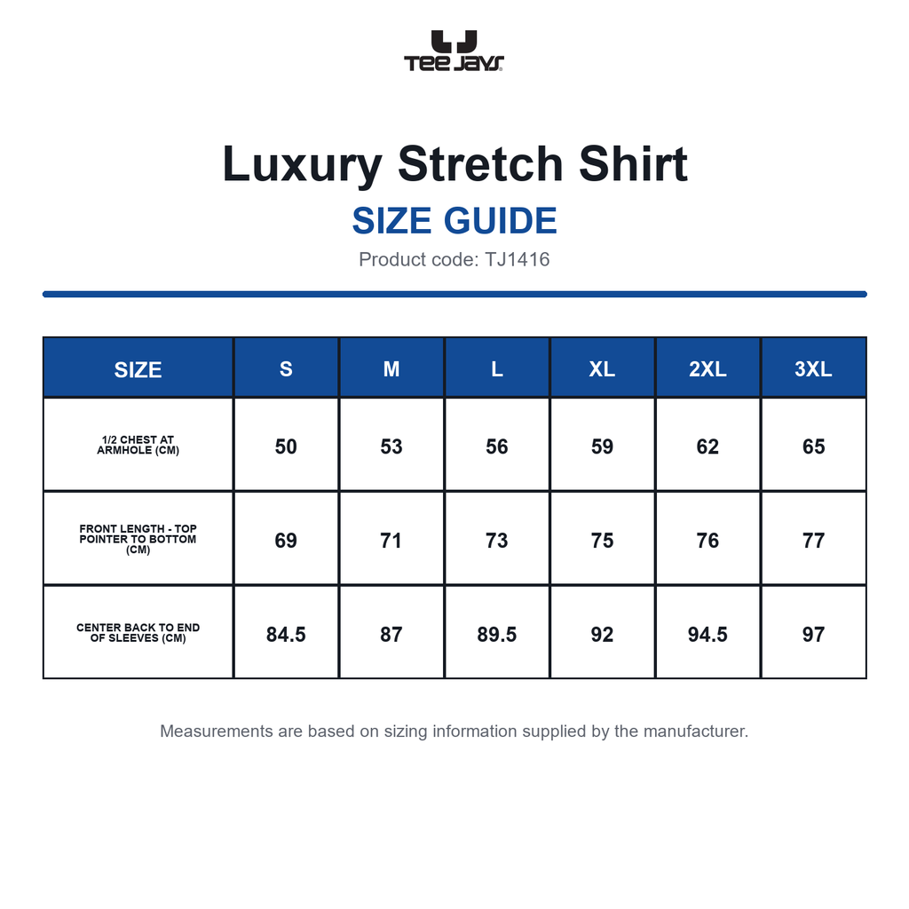 TJ1416 Tee Jays Luxury Stretch Shirt size guide (TJ1416)