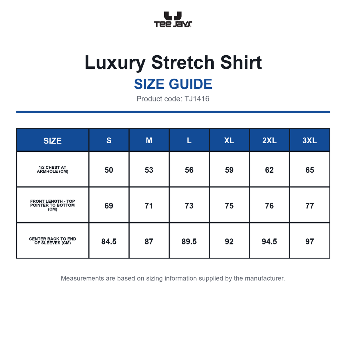 TJ1416 Tee Jays Luxury Stretch Shirt size guide (TJ1416)