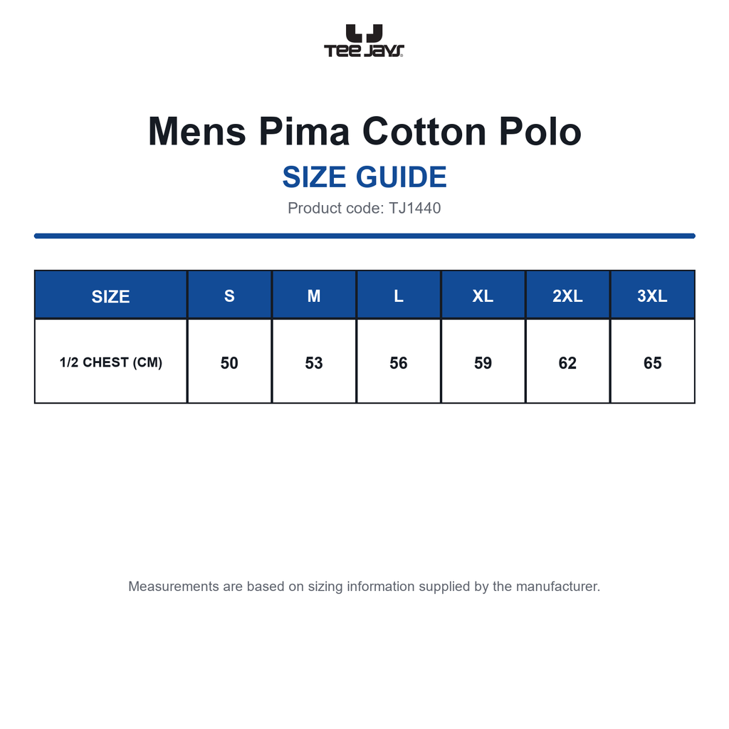 TJ1440 Tee Jays Mens Pima Cotton Polo size guide (TJ1440)