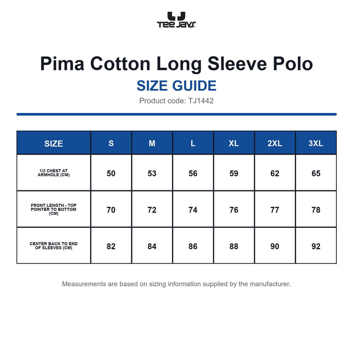TJ1442 Tee Jays Pima Cotton Long Sleeve Polo size guide (TJ1442)