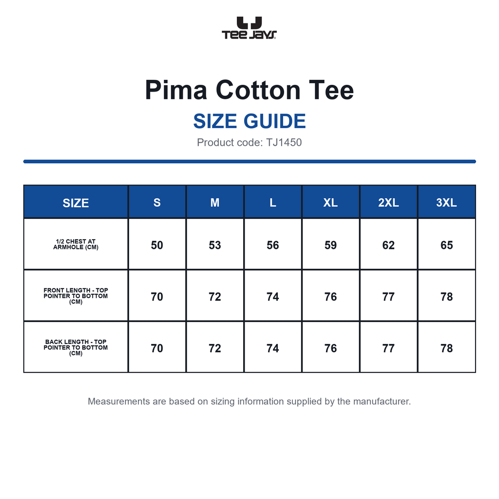 TJ1450 Tee Jays Pima Cotton Tee size guide (TJ1450)