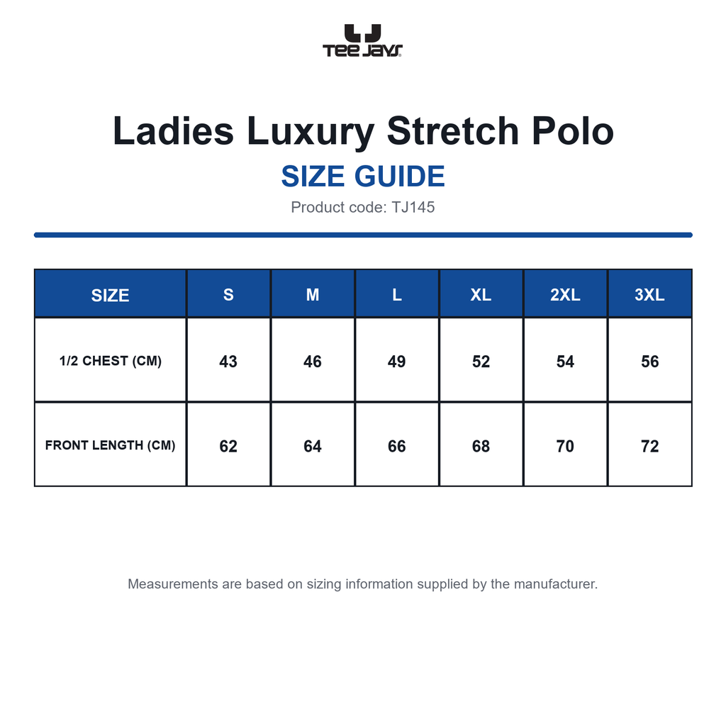 TJ145 Tee Jays Ladies Luxury Stretch Polo size guide (TJ145)