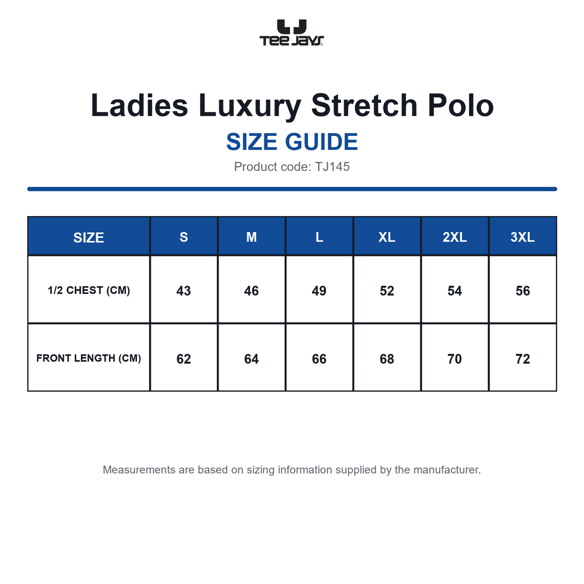 TJ145 Tee Jays Ladies Luxury Stretch Polo size guide (TJ145)