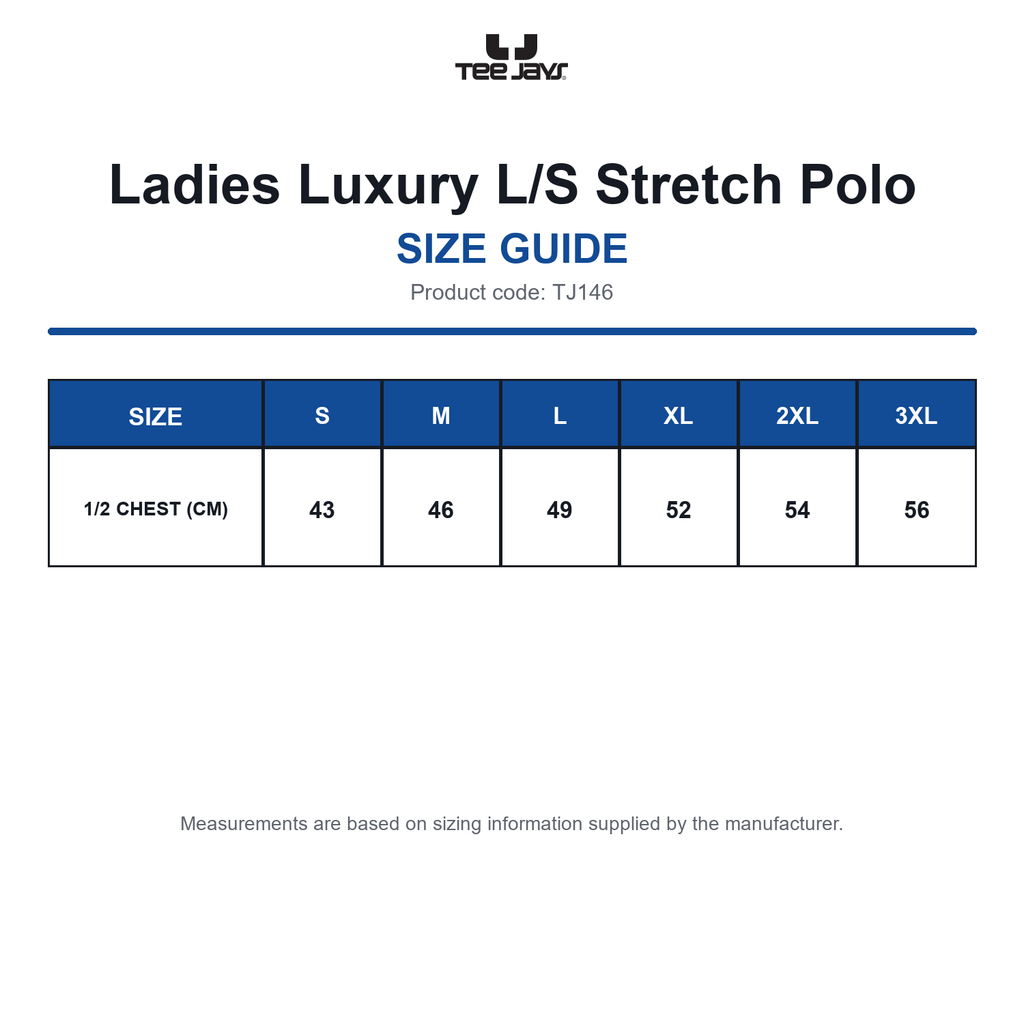 TJ146 Tee Jays Ladies Luxury L/S Stretch Polo size guide (TJ146)