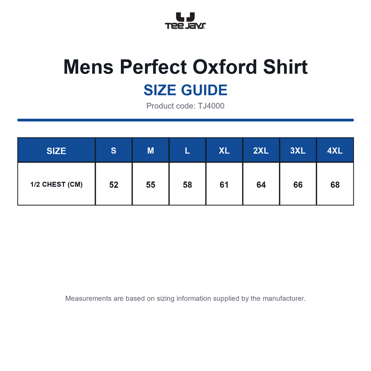 TJ4000 Tee Jays Mens Perfect Oxford Shirt size guide (TJ4000)