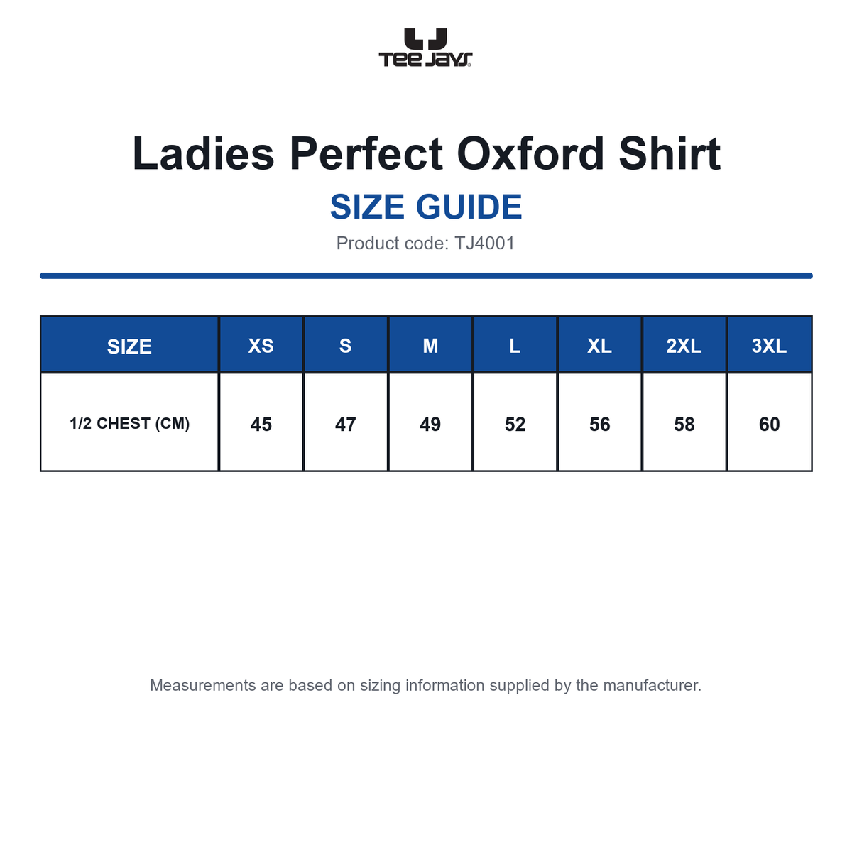 TJ4001 Tee Jays Ladies Perfect Oxford Shirt size guide (TJ4001)