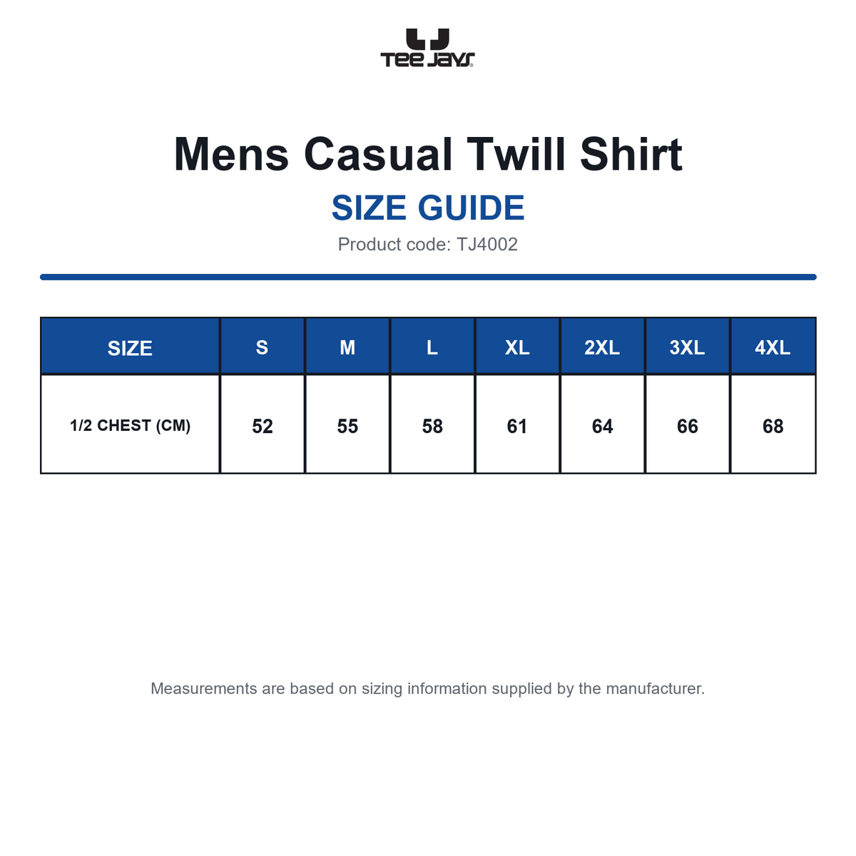 TJ4002 Tee Jays Mens Casual Twill Shirt size guide (TJ4002)