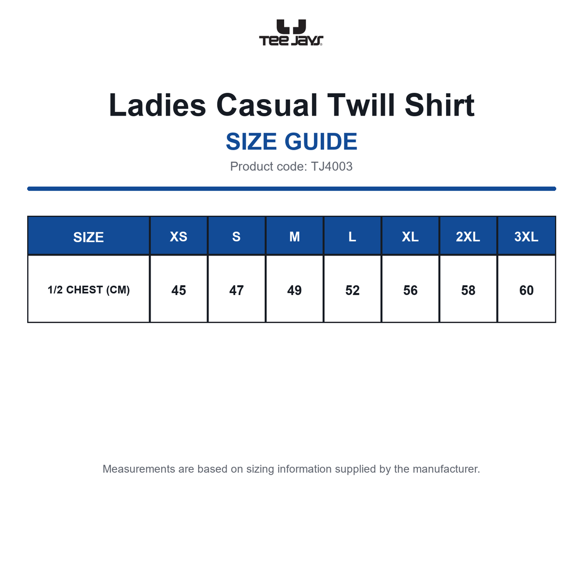 TJ4003 Tee Jays Ladies Casual Twill Shirt size guide (TJ4003)