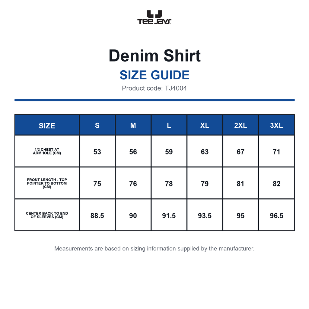 TJ4004 Tee Jays Denim Shirt size guide (TJ4004)