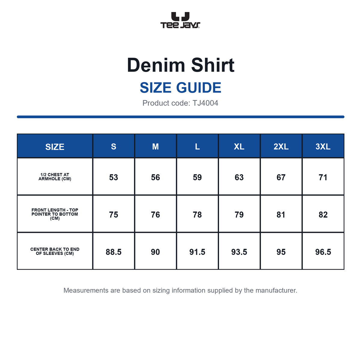 TJ4004 Tee Jays Denim Shirt size guide (TJ4004)