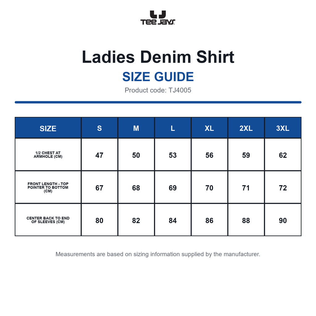 TJ4005 Tee Jays Ladies Denim Shirt size guide (TJ4005)