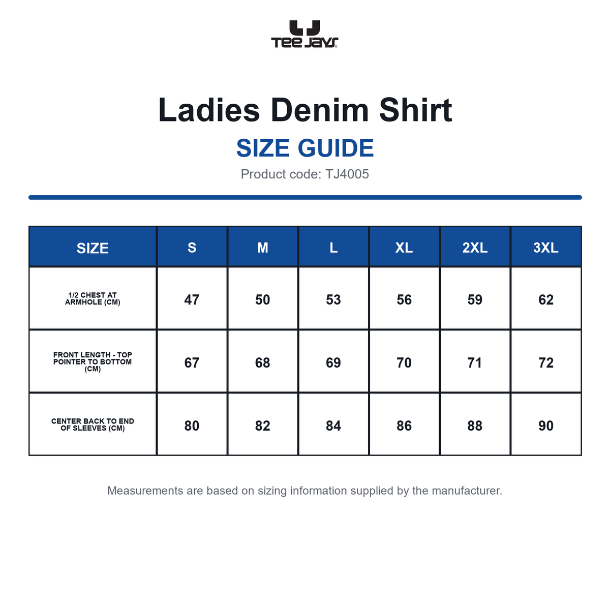 TJ4005 Tee Jays Ladies Denim Shirt size guide (TJ4005)