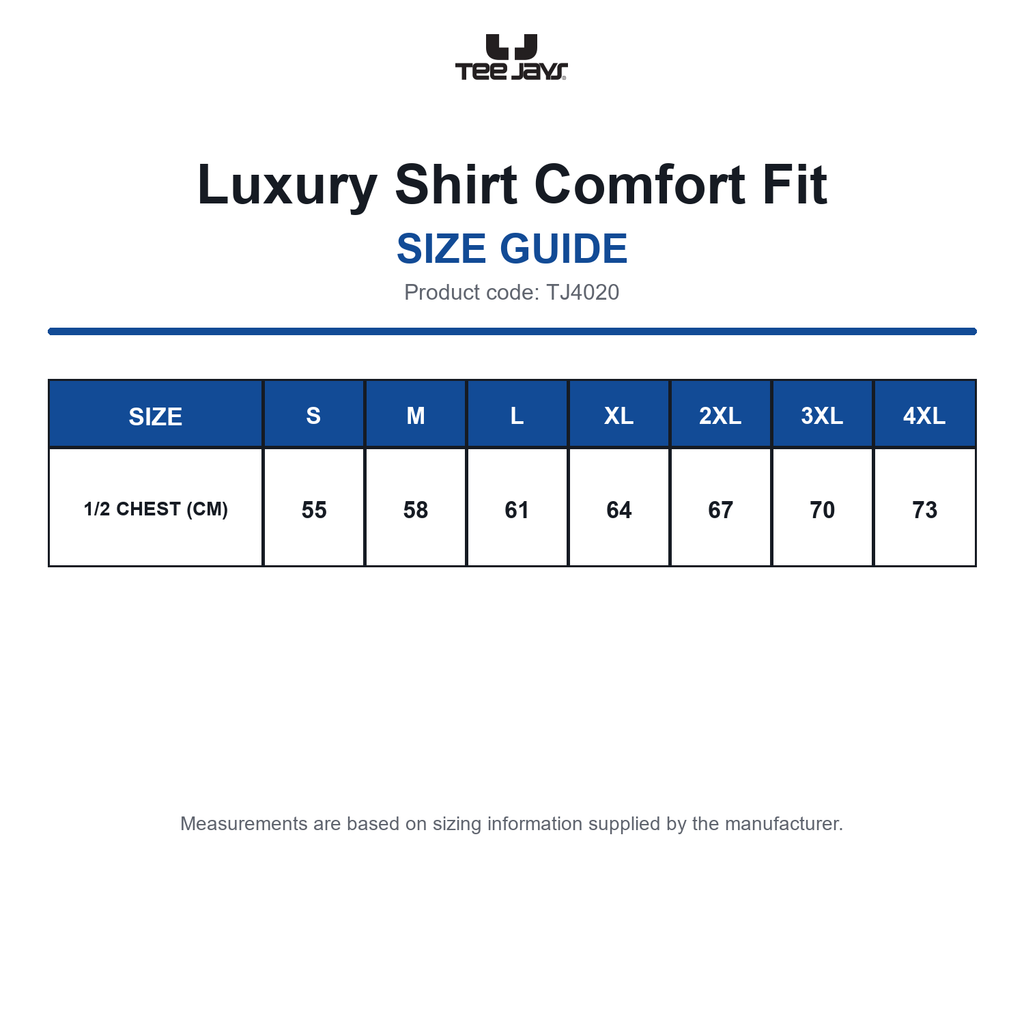 TJ4020 Tee Jays Luxury Shirt Comfort Fit size guide (TJ4020)