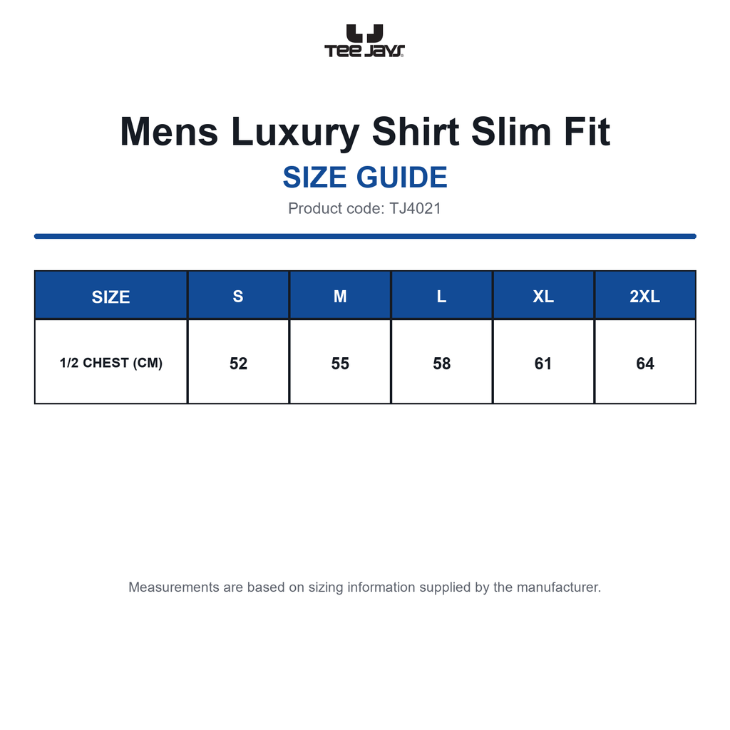 TJ4021 Tee Jays Mens Luxury Shirt Slim Fit size guide (TJ4021)