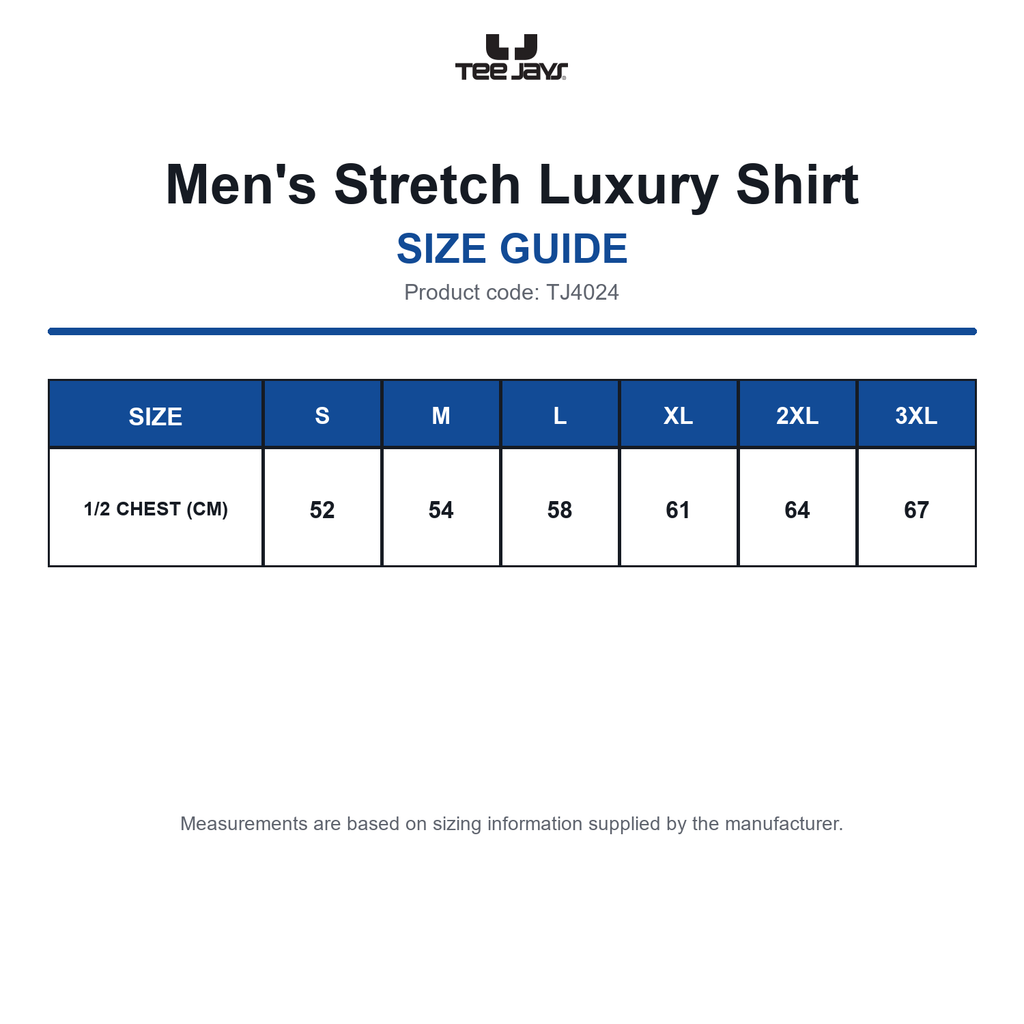TJ4024 Tee Jays Men's Stretch Luxury Shirt size guide (TJ4024)