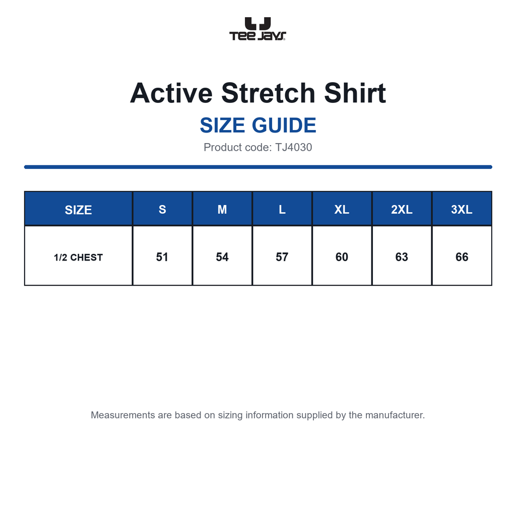 TJ4030 Tee Jays Active Stretch Shirt size guide (TJ4030)