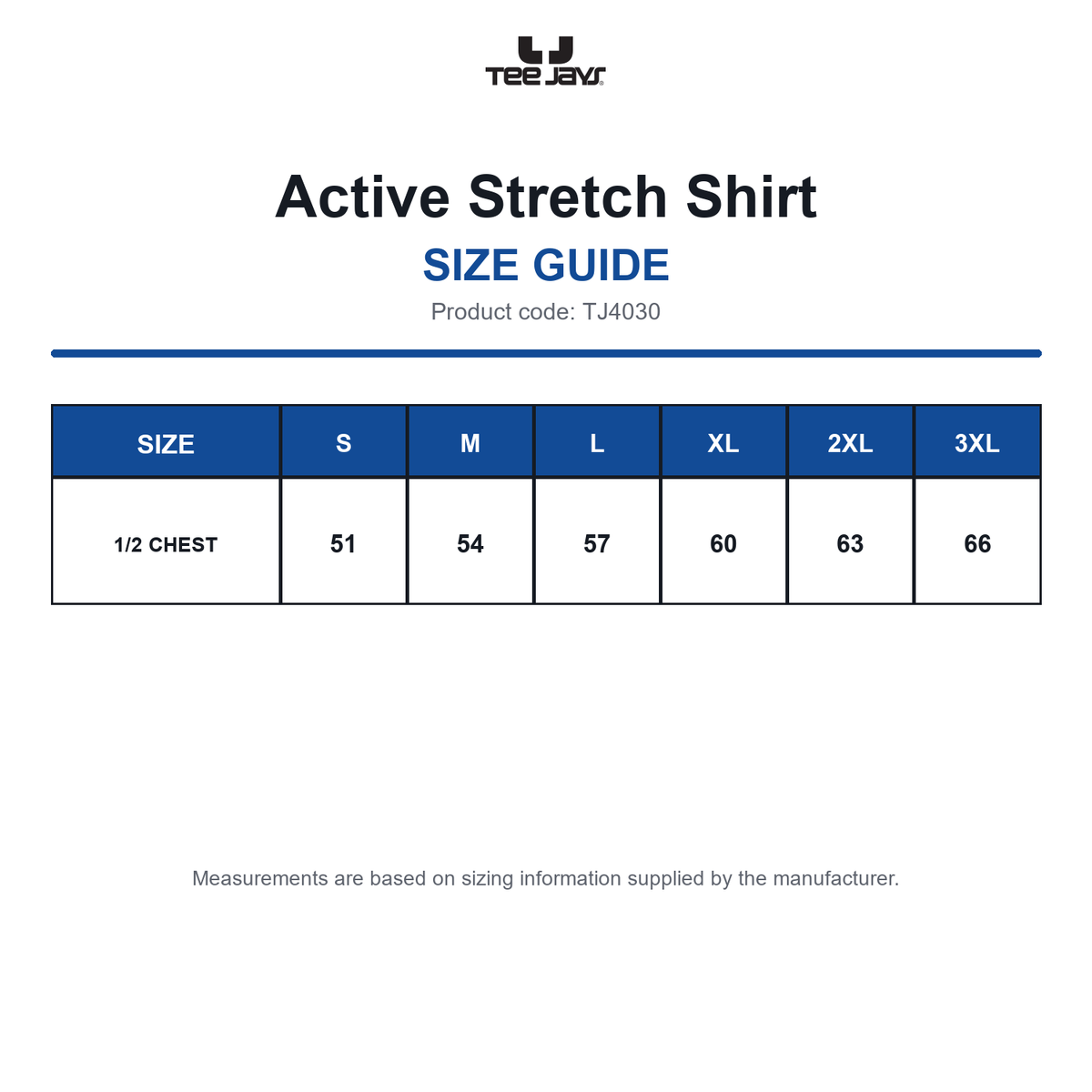 TJ4030 Tee Jays Active Stretch Shirt size guide (TJ4030)