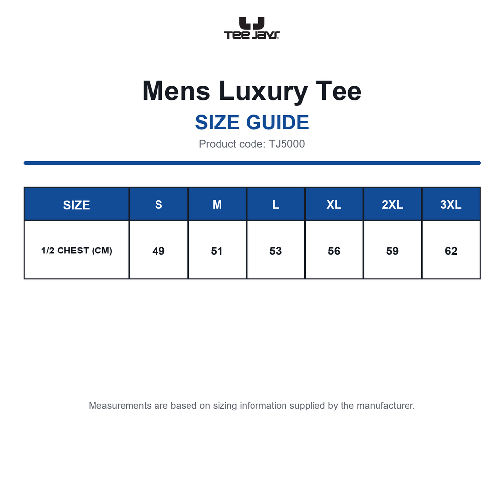 TJ5000 Tee Jays Mens Luxury Tee size guide (TJ5000)