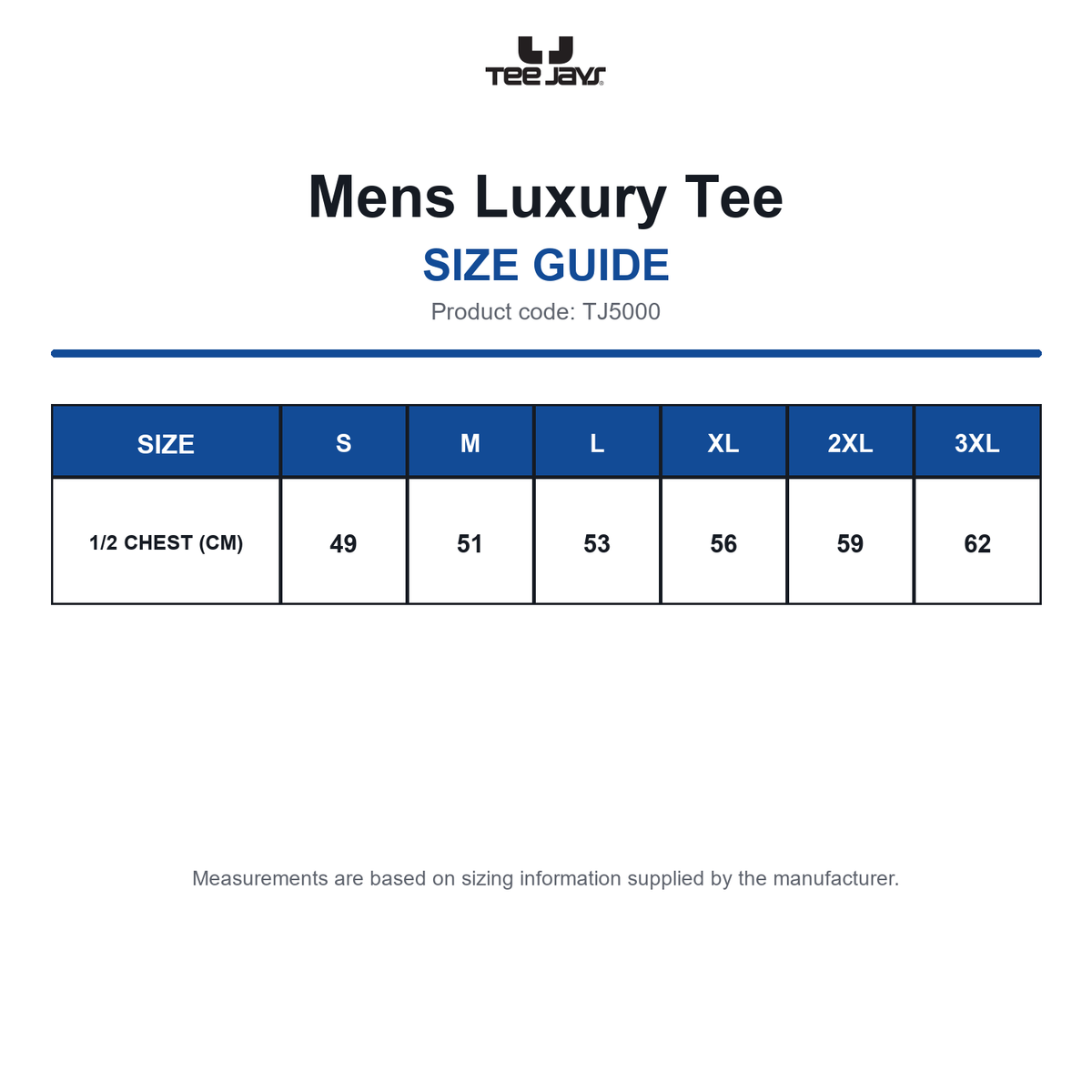 TJ5000 Tee Jays Mens Luxury Tee size guide (TJ5000)