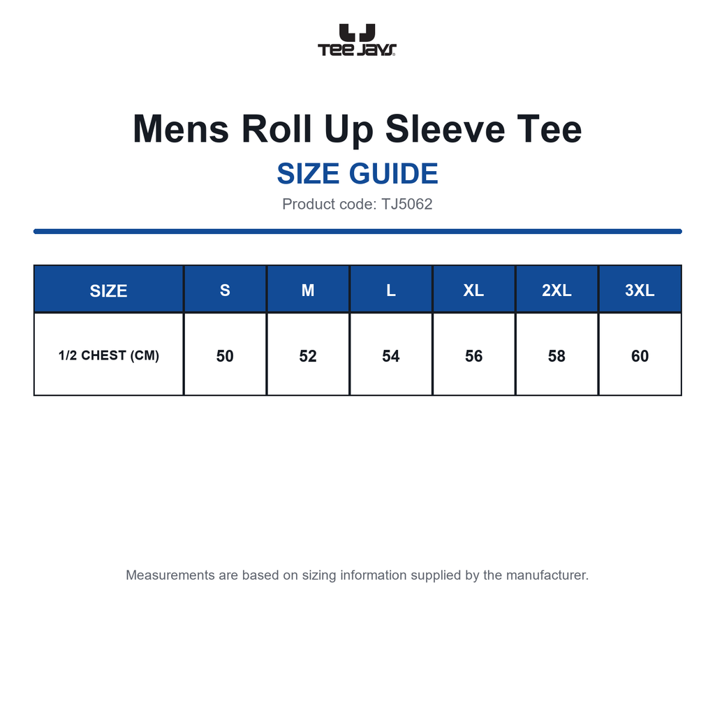 TJ5062 Tee Jays Mens Roll Up Sleeve Tee size guide (TJ5062)