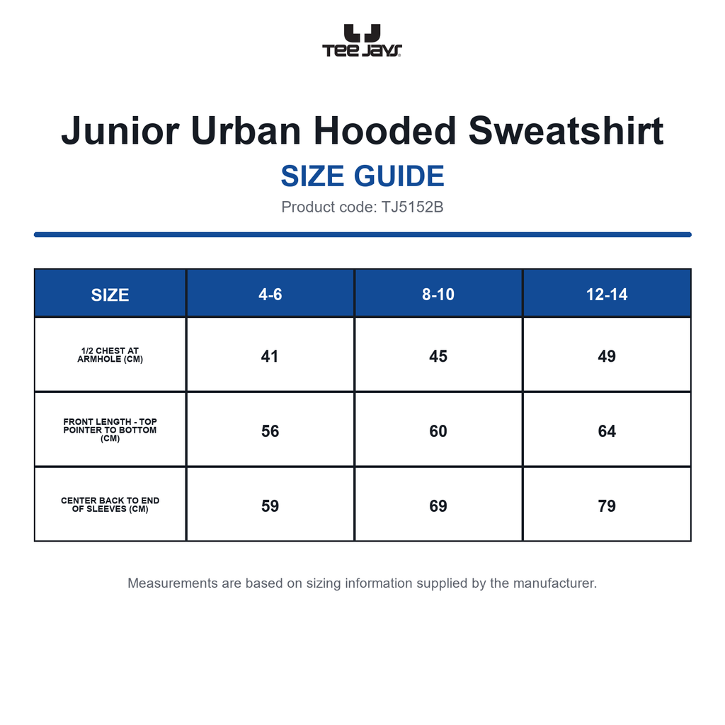 TJ5152B Tee Jays Junior Urban Hooded Sweatshirt size guide (TJ5152B)