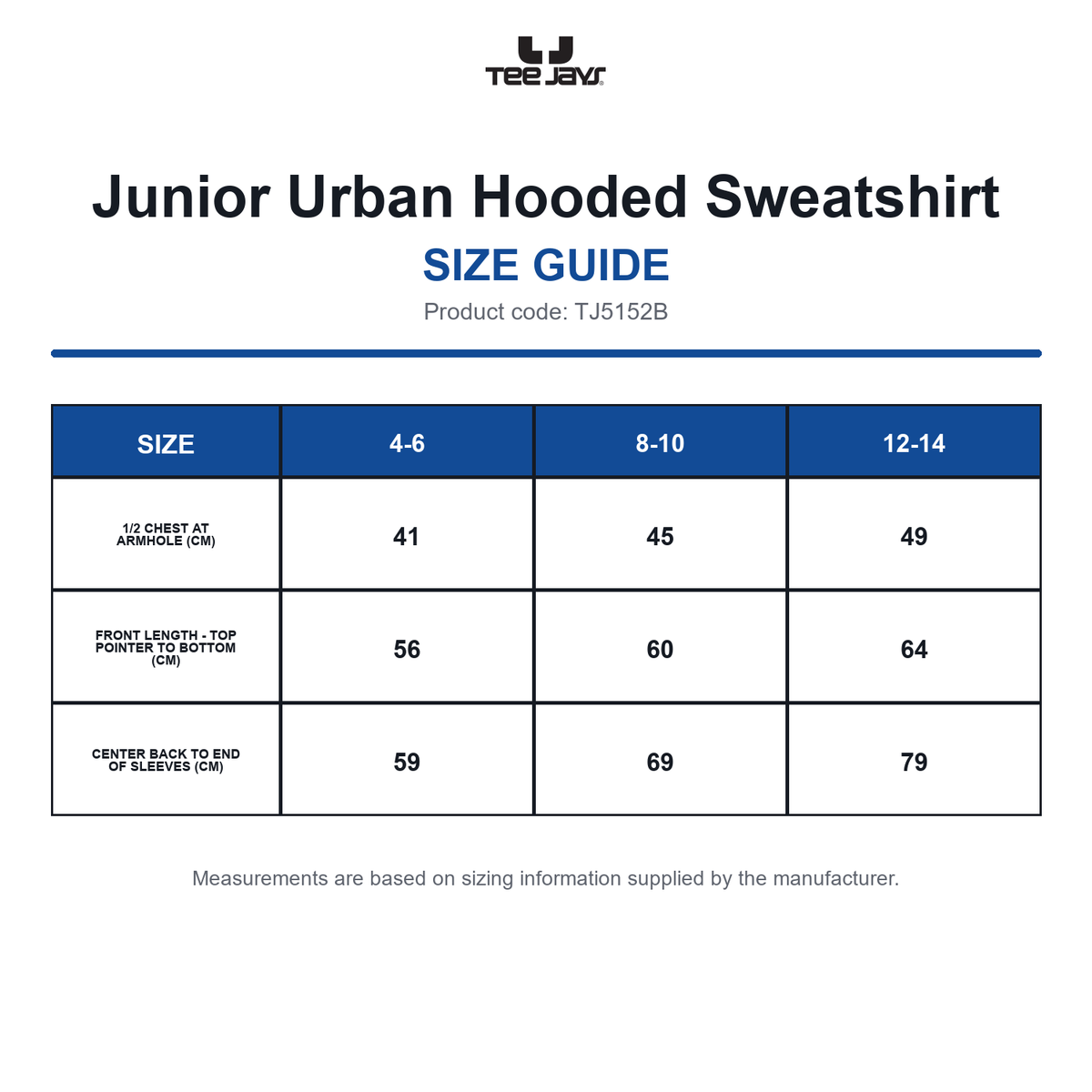 TJ5152B Tee Jays Junior Urban Hooded Sweatshirt size guide (TJ5152B)