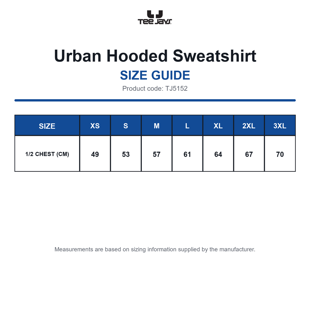 TJ5152 Tee Jays Urban Hooded Sweatshirt size guide (TJ5152)
