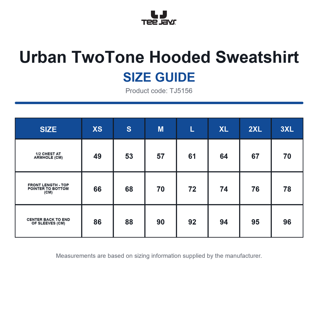 TJ5156 Tee Jays Urban TwoTone Hooded Sweatshirt size guide (TJ5156)