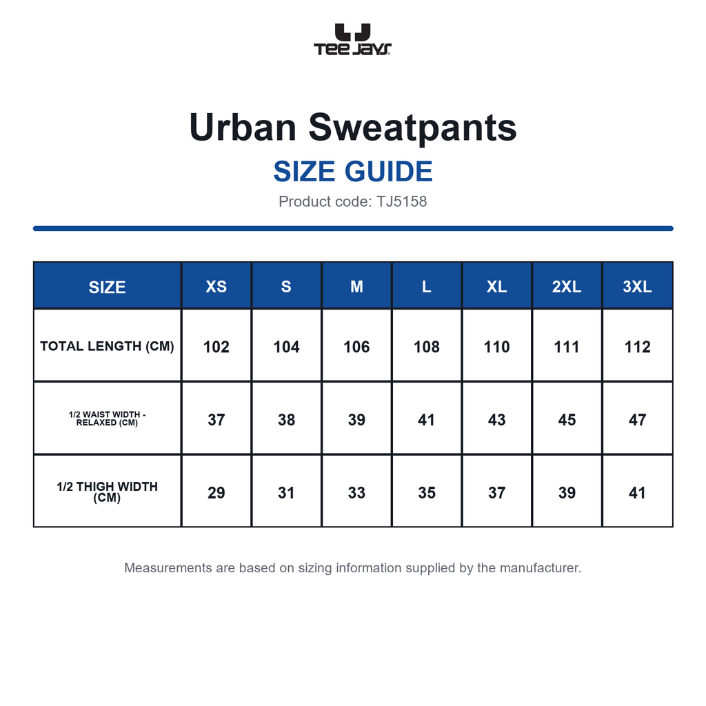 TJ5158 Tee Jays Urban Sweatpants size guide (TJ5158)