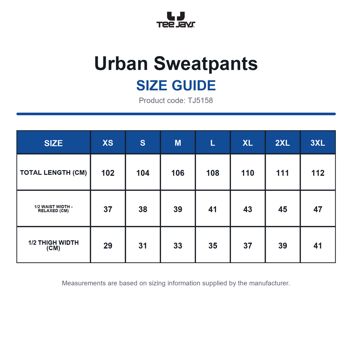 TJ5158 Tee Jays Urban Sweatpants size guide (TJ5158)
