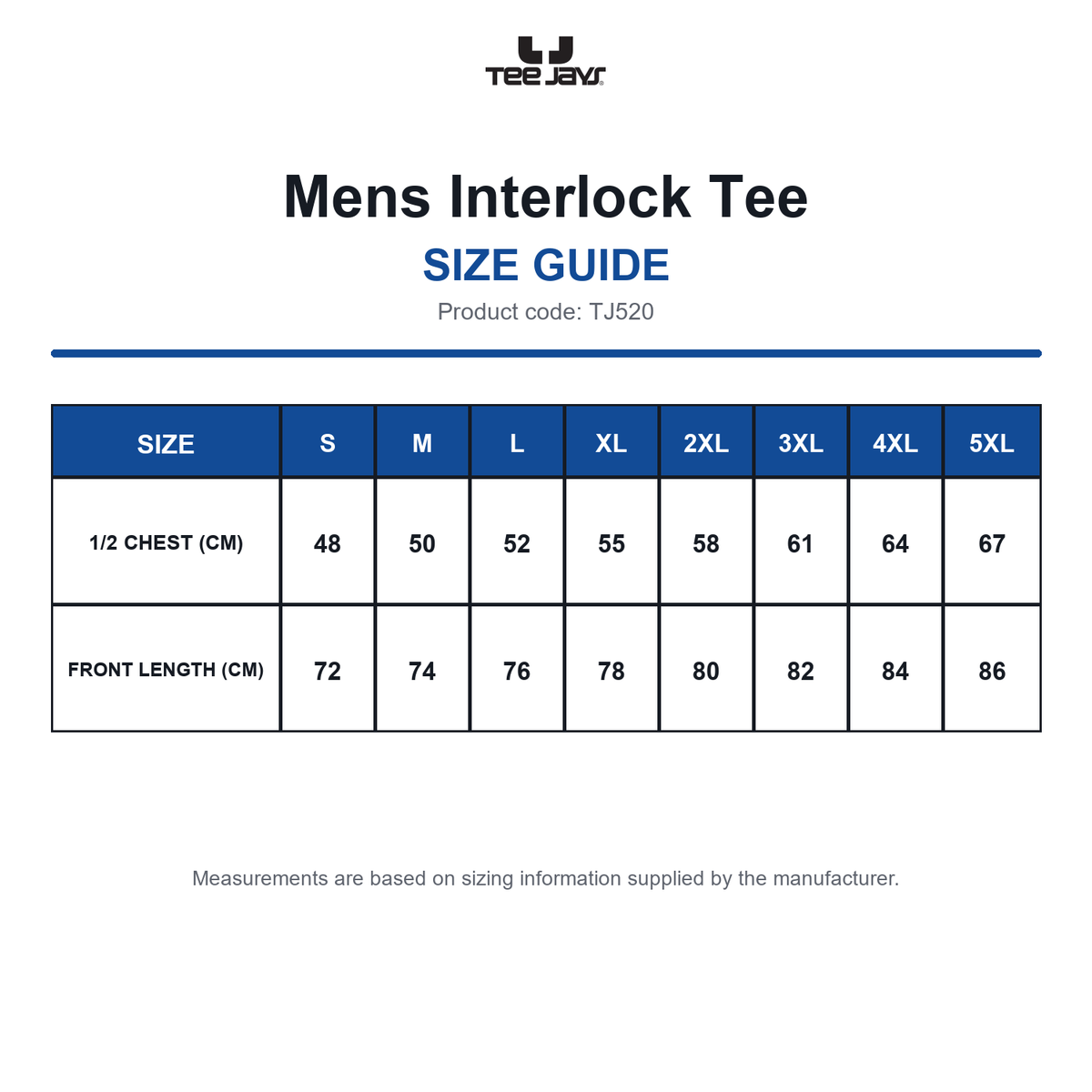 TJ520 Tee Jays Mens Interlock Tee size guide (TJ520)