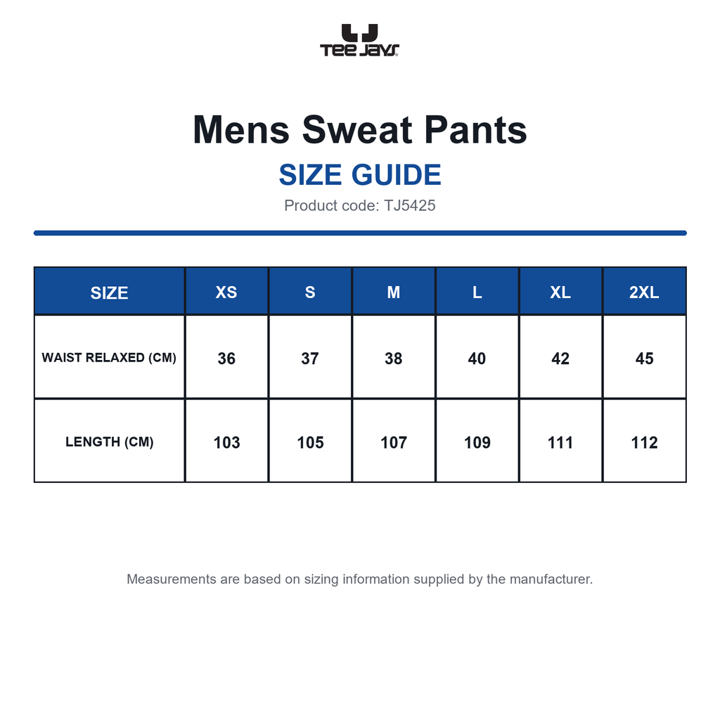 TJ5425 Tee Jays Mens Sweat Pants size guide (TJ5425)