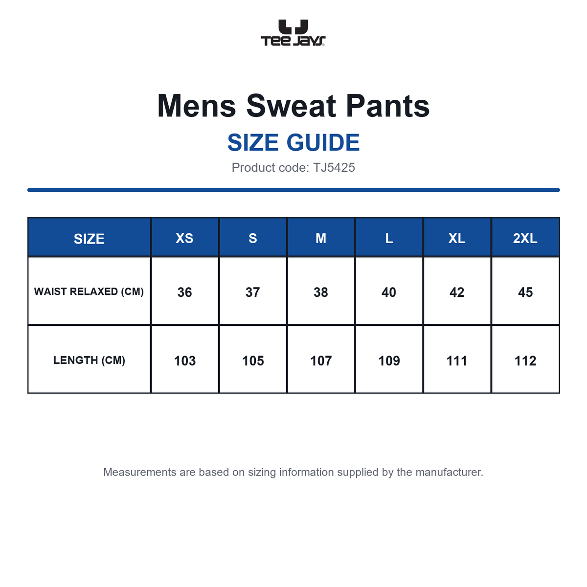 TJ5425 Tee Jays Mens Sweat Pants size guide (TJ5425)