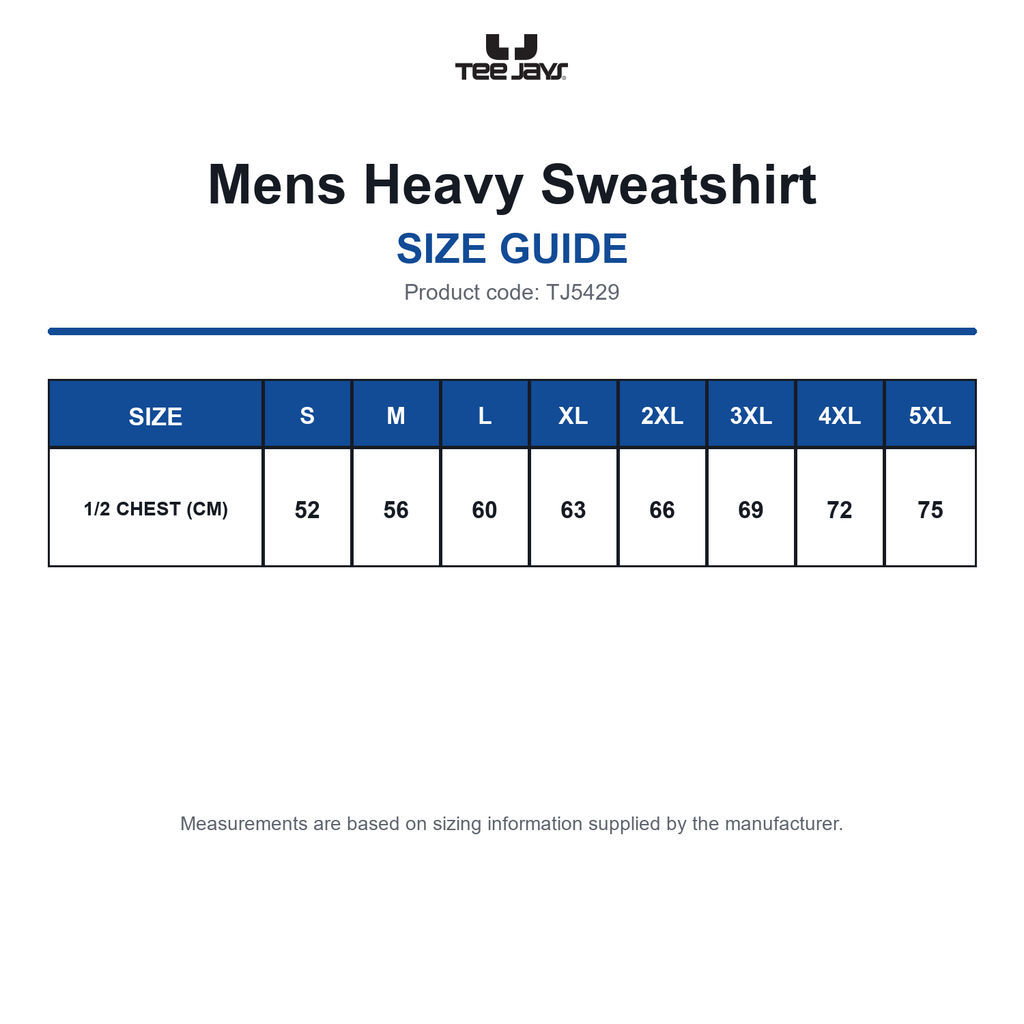 TJ5429 Tee Jays Mens Heavy Sweatshirt size guide (TJ5429)