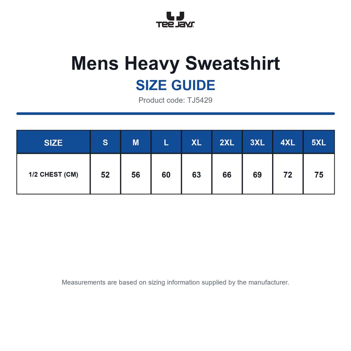 TJ5429 Tee Jays Mens Heavy Sweatshirt size guide (TJ5429)