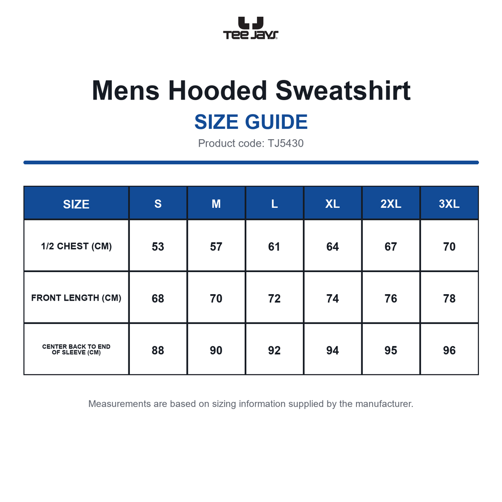 TJ5430 Tee Jays Mens Hooded Sweatshirt size guide (TJ5430)