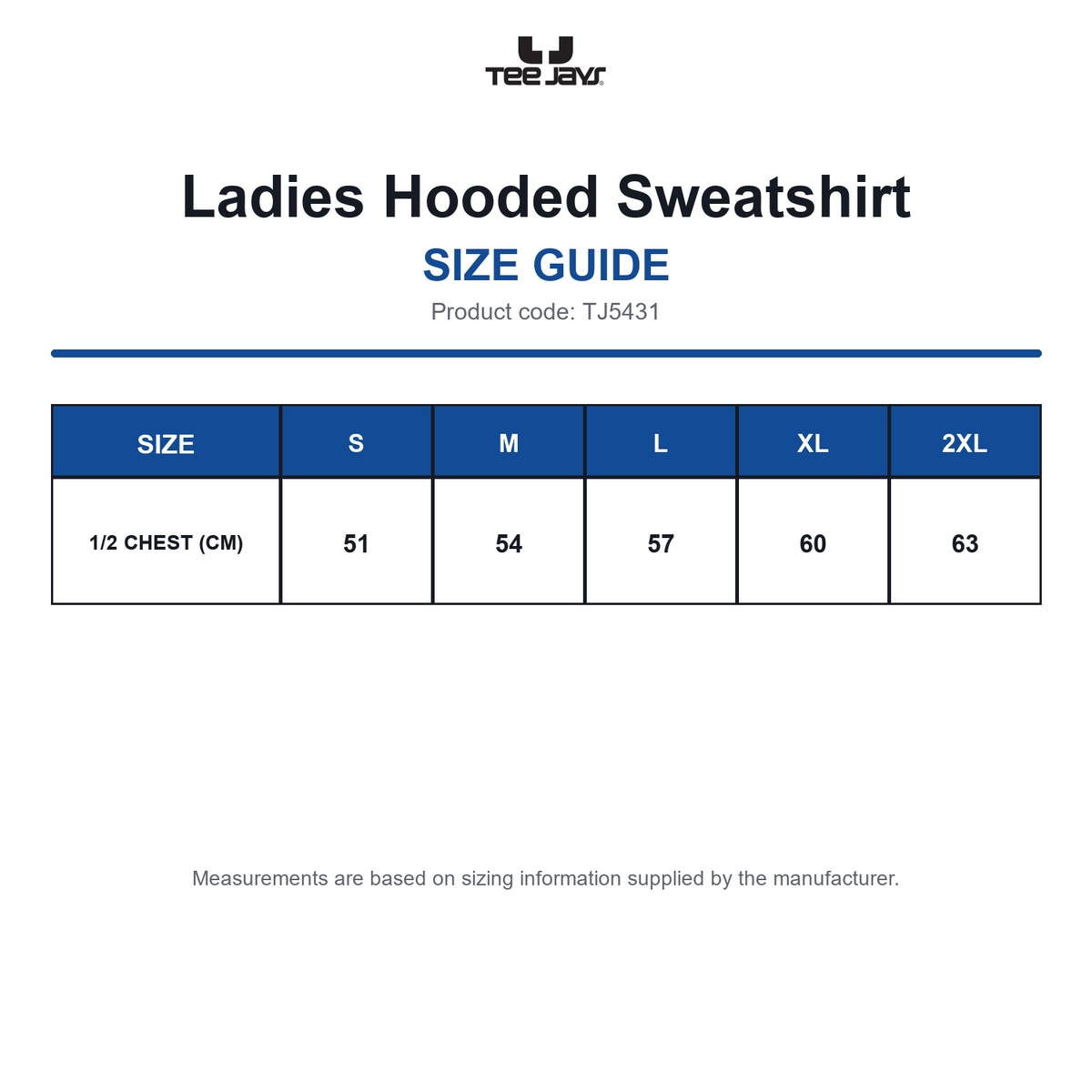 TJ5431 Tee Jays Ladies Hooded Sweatshirt size guide (TJ5431)
