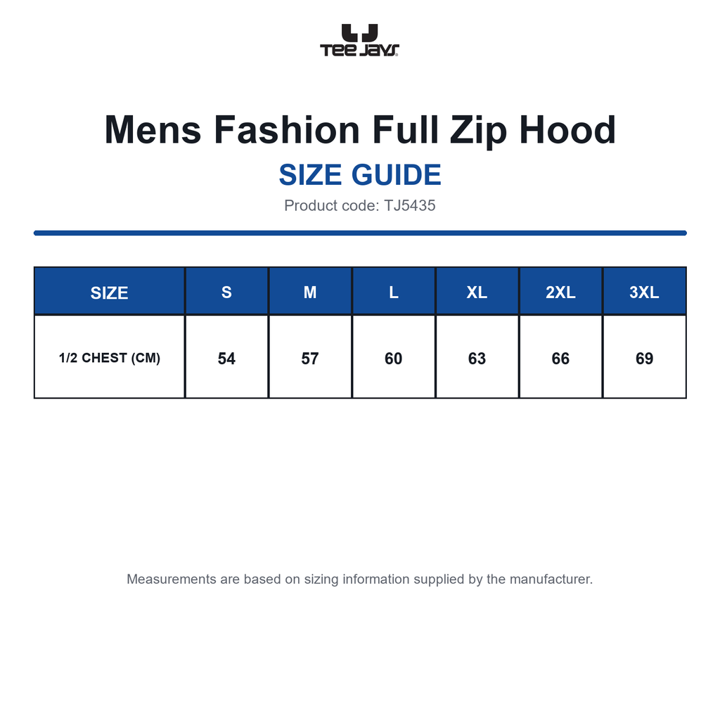 TJ5435 Tee Jays Mens Fashion Full Zip Hood size guide (TJ5435)