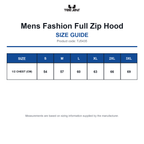 TJ5435 Tee Jays Mens Fashion Full Zip Hood size guide (TJ5435)