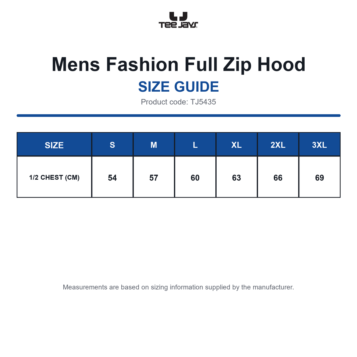 TJ5435 Tee Jays Mens Fashion Full Zip Hood size guide (TJ5435)