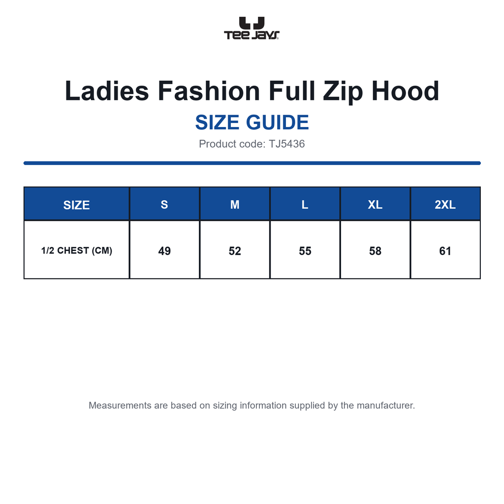 TJ5436 Tee Jays Ladies Fashion Full Zip Hood size guide (TJ5436)