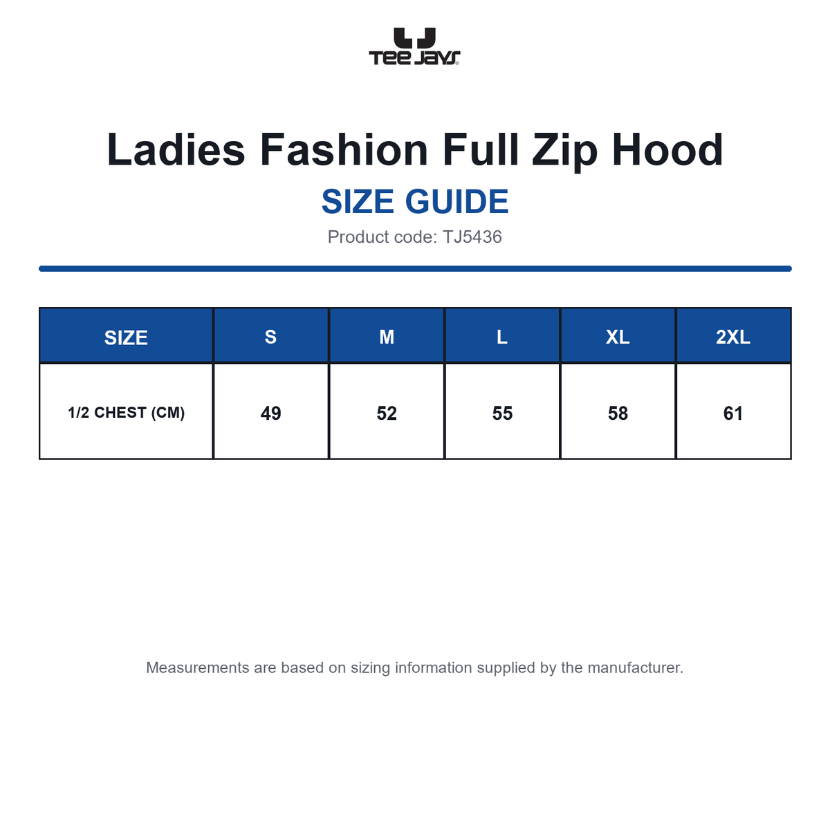 TJ5436 Tee Jays Ladies Fashion Full Zip Hood size guide (TJ5436)