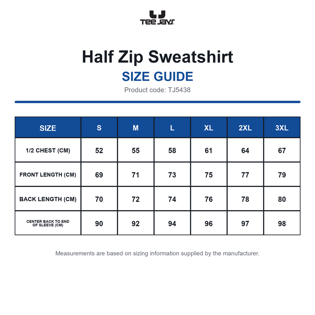 TJ5438 Tee Jays Half Zip Sweatshirt size guide (TJ5438)