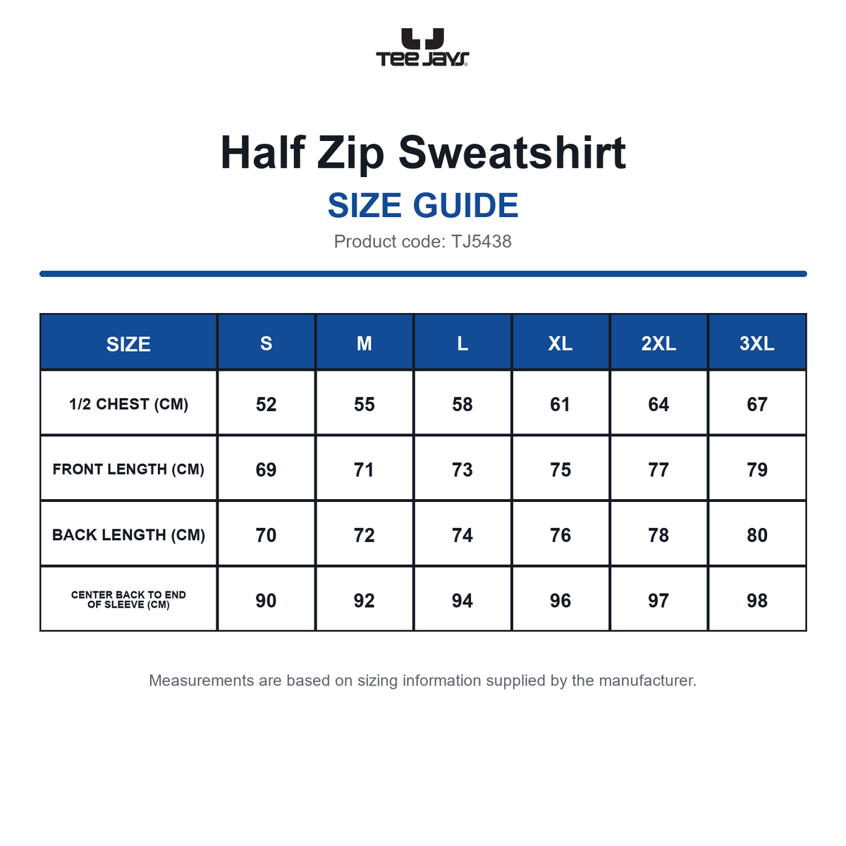 TJ5438 Tee Jays Half Zip Sweatshirt size guide (TJ5438)
